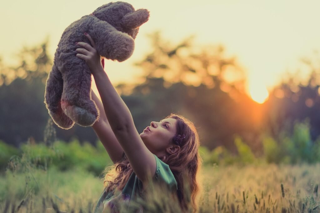 girl, teddy bear, carry, plush, plush toy, stuffed toy, stuffed animal, toy, field, grass, model, nature, outdoors, sunrise, sunset, woman, childhood, teddy bear, teddy bear, teddy bear, teddy bear, teddy bear, toy