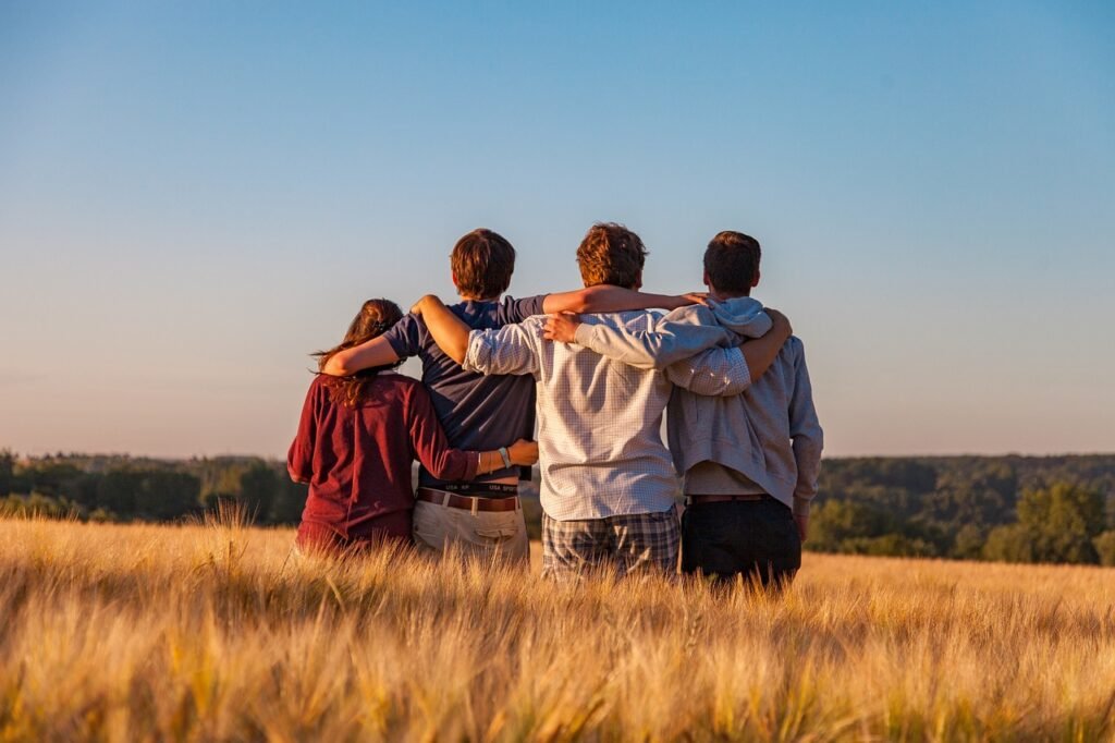 young people, group, friends, friendship, together, summer, landscape, nature, field, outdoors, youth, support, gang, teens, friendship day