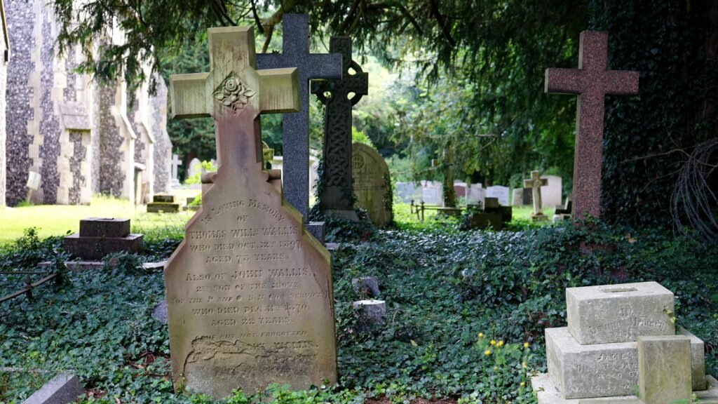 Peaceful rural cemetery featuring historic tombstones under lush trees in a tranquil setting.